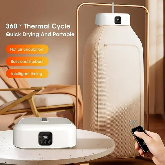 Portable dryer with remote control on a table, featuring text about thermal cycle and features.