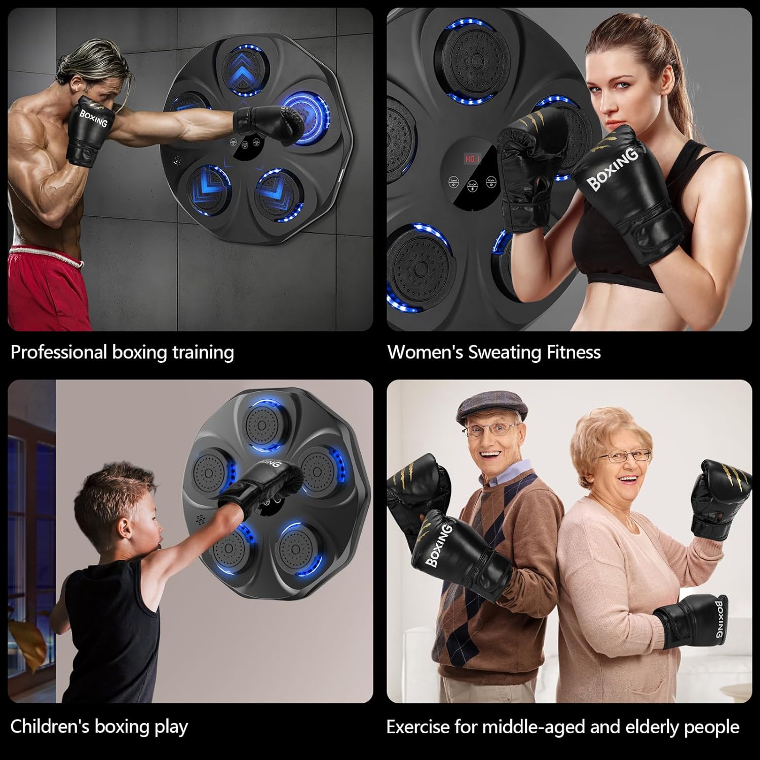 Collage of people using boxing equipment with text labels for different age groups and activities.