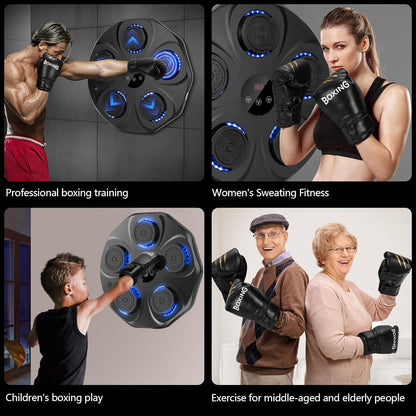 Collage of people using boxing equipment with text labels for different age groups and activities.