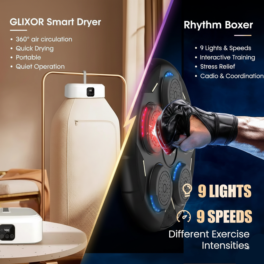 GLIXOR Smart Dryer and Rhythm Boxer with features highlighted on a split-screen background.